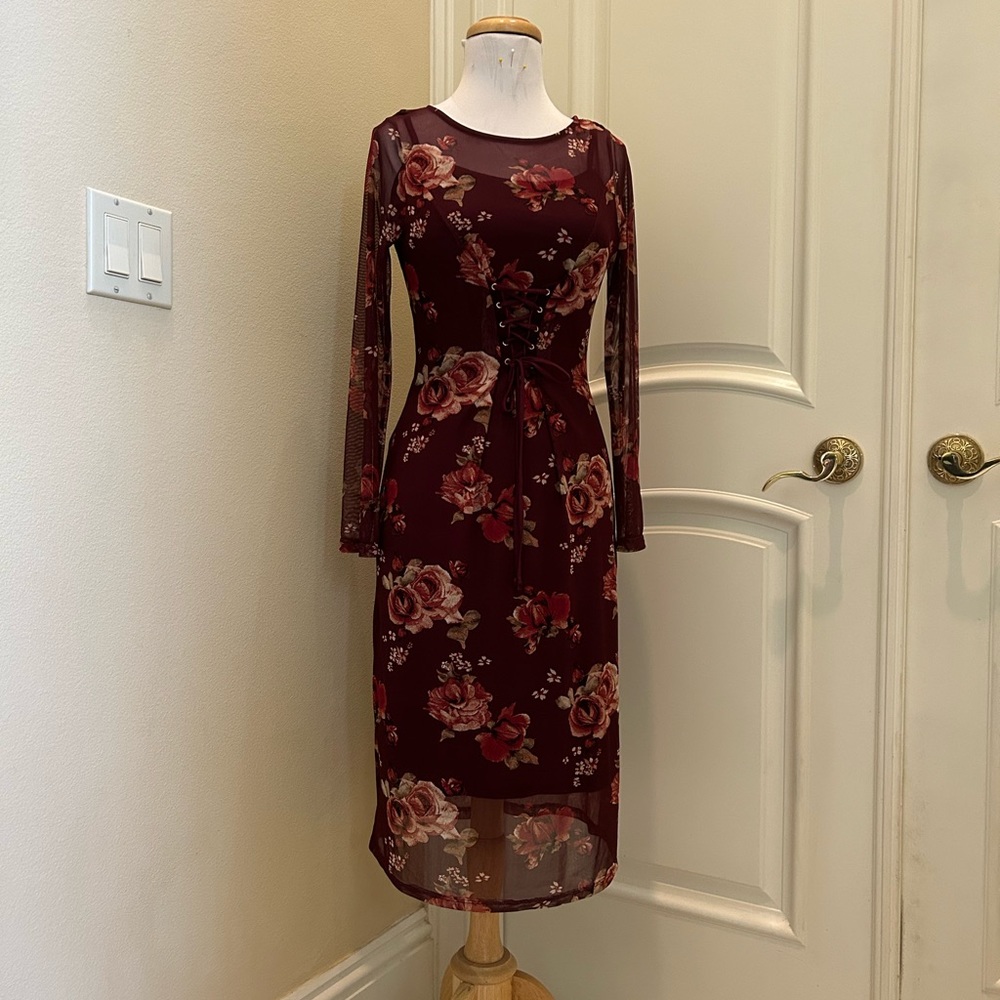 NWOT Rags to Wishes floral burgundy mesh maxi dress with corset waist